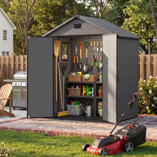 Image of Devoko 6X4 FT Plastic Outdoor Storage Shed with Floor, Dark Gray | Resin Tool Sheds with Lockable Door and Window, Weather-Resistant Garden Shed, Easy Assembly for Backyard, Patio, Lawn