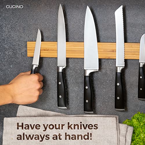 CUCINO Magnetic Knife Holder for Wall - 16 incl. Self Adhesive Magnetic Strip, Extra Strong Knife Magnets for Walls, Magnetic Knife Rack with Optional Installation made of Real Bamboo