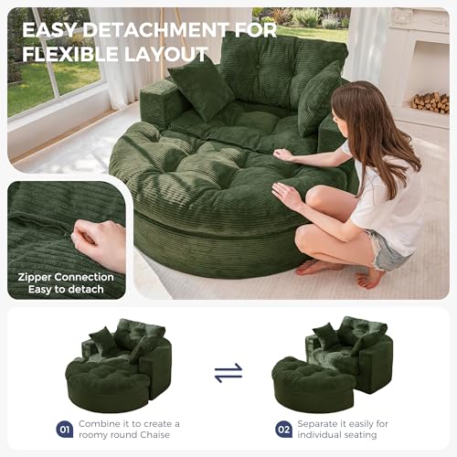 Image of MAXYOYO Modular Sectional Chaise Lounge Sofa, Round Upholstered Lounge Chair with Ottoman, Comfy Couch with Layered Cushion, Tufted Sleeper Chair for Living Room, Dark Green