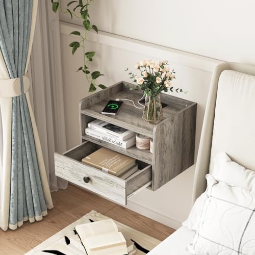 Floating Nightstand Set of 2 Modern Night Stands with Drawer and Open Shelf Cubby Small Bedside End Table with Charging Station Wall Mounted Nightstands Set 2 for Bedroom Grey