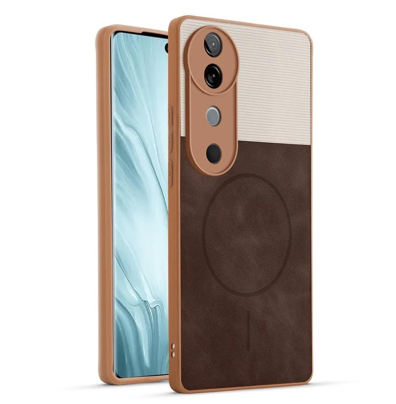 Image of Bintage CASE Mac Safe Design Hard Light Weight Back Case | Soft Border Camera Protect | Dual PU Leather Finish Back Cover Compatible for V40 PRO 5G /Vivo T3 Ultra - White & Cherry Brown