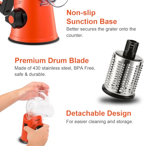 Image of Geedel Rotary Cheese Grater, Kitchen Mandoline Vegetable Slicer with 3 Interchangeable Blades, Easy to Clean Rotary Grater Slicer for Fruit, Vegetables, Nuts