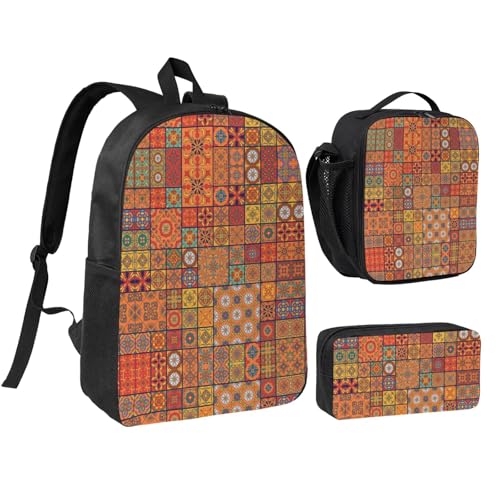 Group of Moroccan Geometric print Shoulder Bookbags Lunch Bag and Pen Case 17 inches Backpack with Lunch Box, Cute Bookbag Set