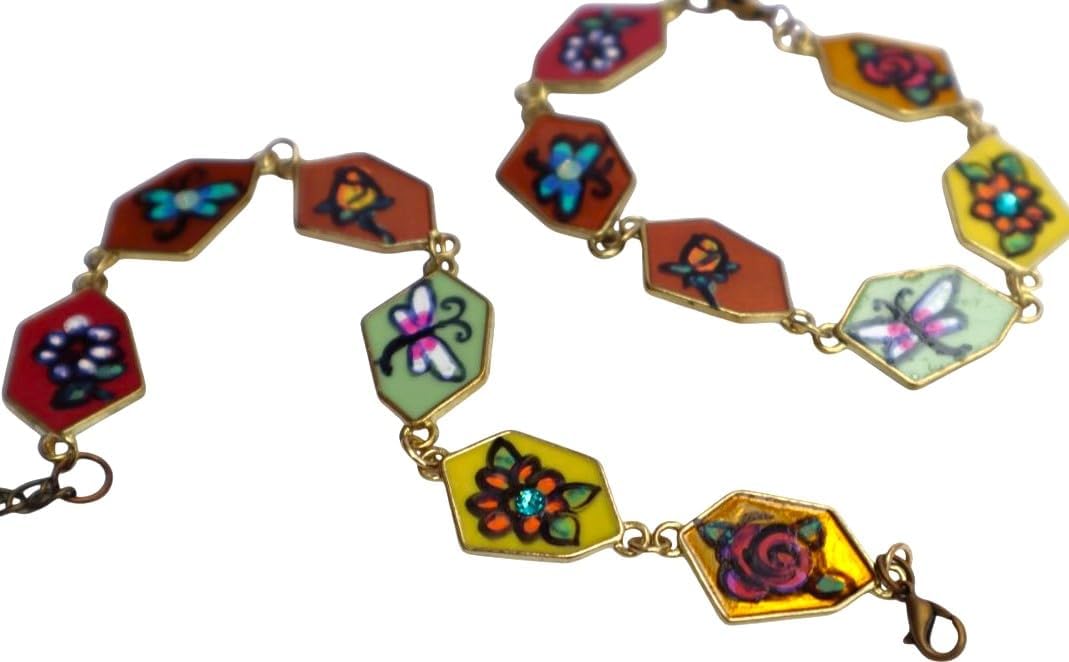 Single Adjustable Hand Painted Multicolored Flowers Roses Butterflies Charms Linked Pendant Link Bracelet Whimsical Bohemian Jewelry for Teen Girls Women