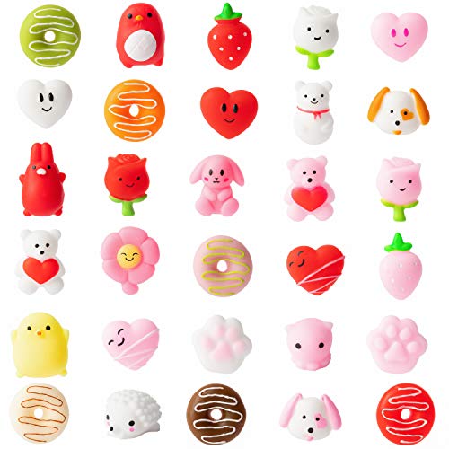 WATINC 30Pcs Mochi Squeeze Toys for Valentine's Day Party Favor, Soft Squeeze Heart Donuts Flower Bear Stress Relief Hand Toys, Birthday Gifts,Classroom Decorations, Birthday Party Supplies