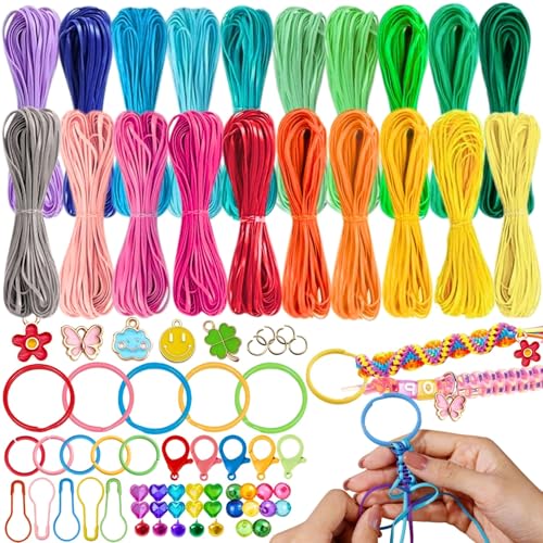 Lanyard String Kit 20 Colors Gimp String with 25 Keychain Accessories 5 Charms 20 Beads and 5 Bells Boondoggle Lanyard Making Kit for Craft DIY