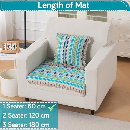 Image of HOKIPO 'Artisan Boho Series' Sofa Cover Mat with Tassel for 1 Seater Sofa | 450 GSM Thick Cotton Acrylic Jacquard Fabric, Aqua Blue (IN-901-A4*S)