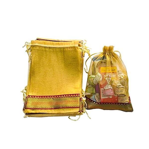 KRIWIN Pack of 25, 9 X 7 inch Medium Size Tissue Silk Gift Bags/Potli/Pouches with Brocade Border (Golden)