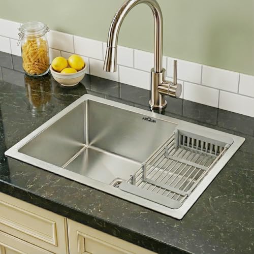 Image of ARQUIN Kitchen Sink 21x18x10 Inch Single Bowl Premium Stainless Steel Sink || Handmade Matt Finish || Including Coupling, Waste Pipe, Fruit Basket