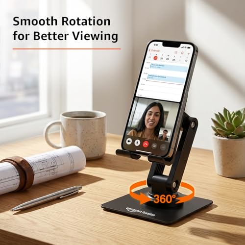Image of amazon basics 360 Rotating Phone Stand for Desk, Foldable & Adjustable Height Mobile Holder, Anti-Slip Base, Compatible with All Smartphones (Black)