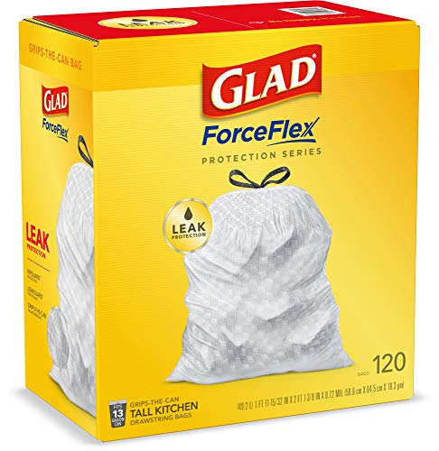 Glad ForceFlex Tall Kitchen Drawstring Trash Bags 13 Gallon White Trash Bag, Unscented 120 Count (Package May Vary)