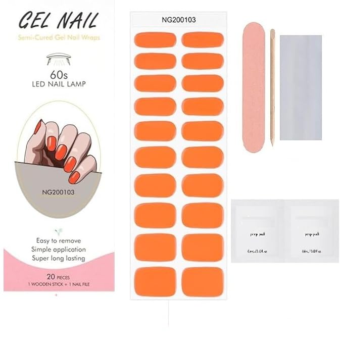 Cazuela Solid 16PCS Gel Nail Polish Stickers Full Nail Wraps for Women Kit with Nail Classic Nail Gel Strips Nail Wraps Gel Polish Strips Nail Art Stickers for Women Girls (04 Coral Orange)