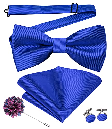 Image of Hi-Tie Mens Royal Blue Pre-Tied Pocket Square and Lapel Pin Sets Cufflinks Mens Bowtie Sets for Wedding Formal Party