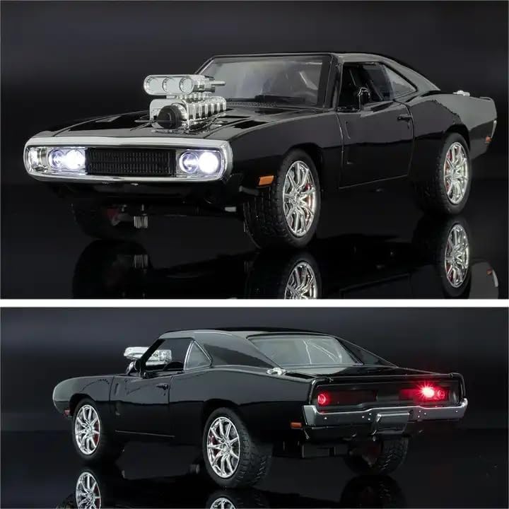 Image of Car 1:24 Big Fast and Furious Car Dodge Charger Model Metal Pull-Back with Sound Light and Opening Doors: A Kids' Toy Vehicle Gift (1:24 Dodge Charge F7- Black Color)