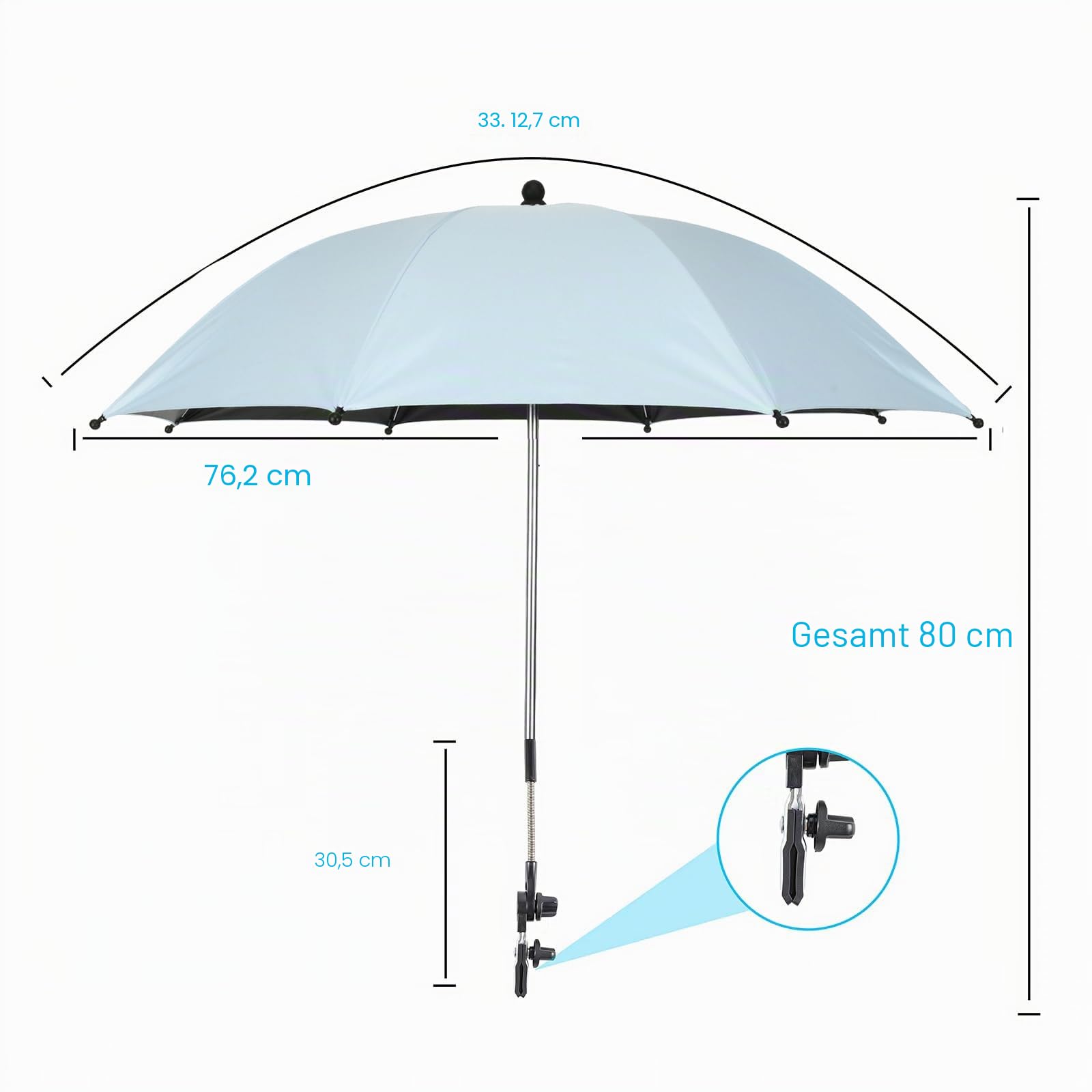Kinderwagen-Sonnenschirm mit verstellbarer Klemme, zum Anklippen, LSF 50+, ideal für Kinderwagen, Kinderwagen