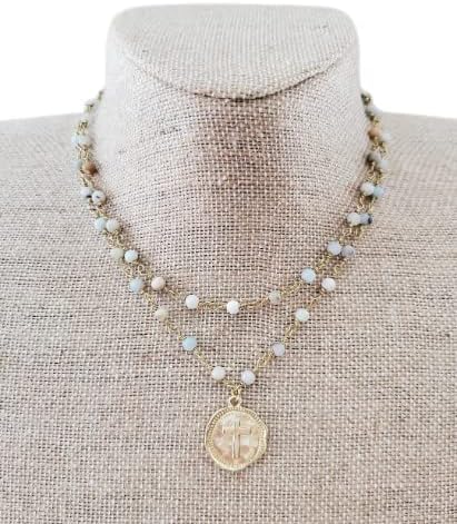 Gold Coin Cross Charm Necklace Choker Amazonite Stone Faith Gifts For Her