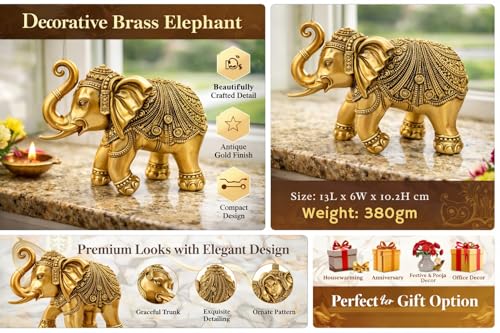 Image of Brass Elephant Statue for Home Decor, Good Luck, Vastu, Feng Shui, Office & Gift - Handmade Decorative Elephant Figurine for Wealth & Prosperity (4 Inch)