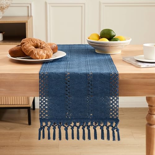 Image of ZeeMart Macrame Style Boho Table Runner, Blue Table Runners 90 Inches Long, Farmhouse Woven Home Decor, 12x90 Inch, Dusty Blue