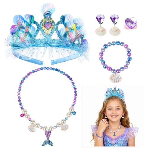 Kinwers Meerjungfrau Haarreif 5 Set Blau Meerjungfrau Kostüm Kinder Inklusive Krone Mädchen Ohrclips Halskette Armband Ringe 3/4 Jahre