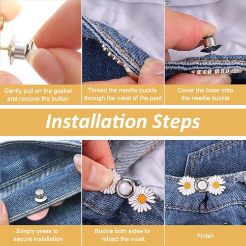 Image of 4Pcs Daisy Jeans Tightening Clips, Flower Detachable Jeans Adjustable Button Pins, Adjustable Waist Buckle for Women, Instant Pants Waist Tighteners for Loose Waist for Pants Skirts