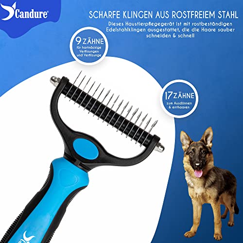 Candure Professionelle Hunde- und Katzenbürste, lange Haare, Hundepflege, Rechen, doppelseitige Zähne, 17 + 9, entfernt Knoten, Teppiche und Haare (Azul)