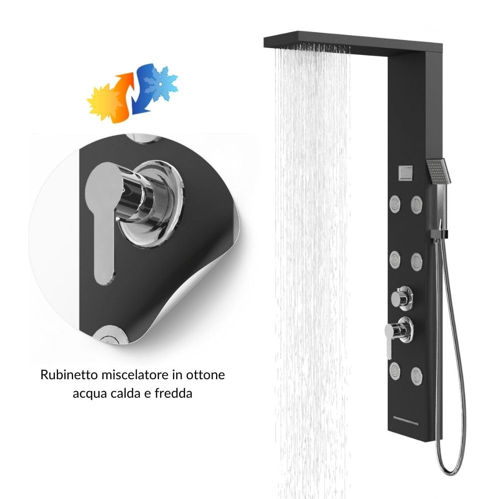 Colonna Pannello Doccia Nero Satinato 4 Funzioni York-1 Black Display Controllo Temperatura Cascata Getto 6 Idrogetti Lombari Doccetta con Flessibile