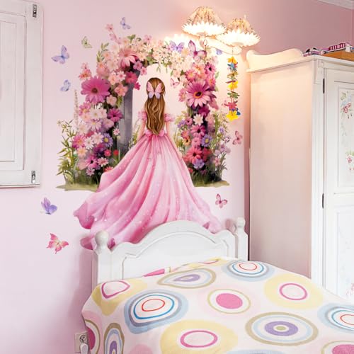 Vinilo decorativo mariposa niña flores rosa 2 piezas