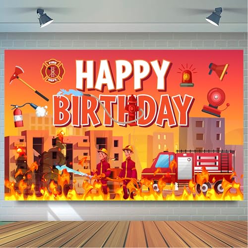 Toile de Fond Anniversaire Pompier, 70.8'' x 43.3'' Camion de Pompiers Photographie Fond pour Décoration de Fête de Camion de Pompier & Decoration...