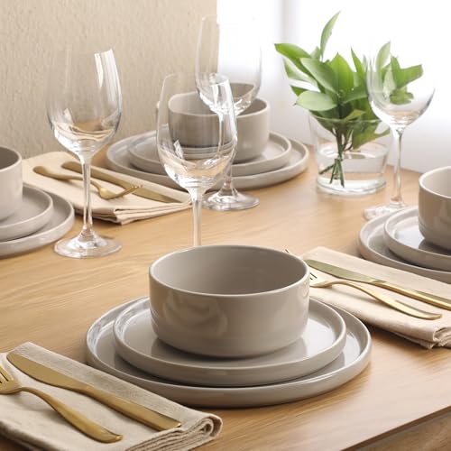 Image of Gibson Elite Moonstone 12 Piece Modern Stoneware Dinnerware Set for 4, Grey Plates and Bowls Set, Dinner Plates, Salad Plates, Bowls