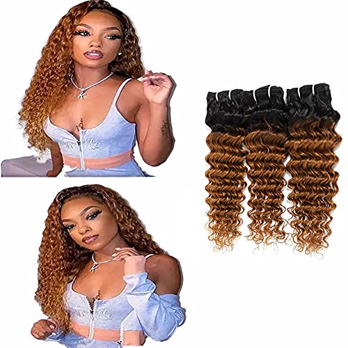 Ombre Human Hair Bundles Brazilian Virgin Deep Wave Hair 3 Bundles Unprocessed Remy Homey Brown Human Hair Extensions Deep Curly Wave Hair Bundles 20 22 24 Inch