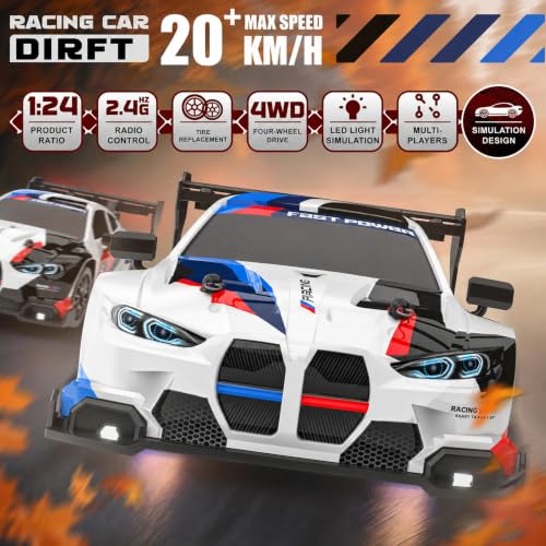 Image of DWH BMV High Speed RC Drift Car 1:24 Scale | 2.4GHz Remote Control | USB Rechargeable | LED Lights | Extra Drift Tires | Racing Toy Car for Kids & Adults
