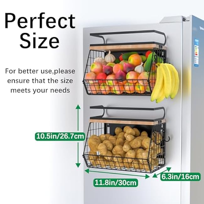 Magnetic Spice Rack for Refrigerator, Fruit, Potato & Onion Storage Bin,Large Capacity Magnetic Shelves for Side of Refrigerator, Kitchen Organizers and Storage Countertop,1 Pack Black