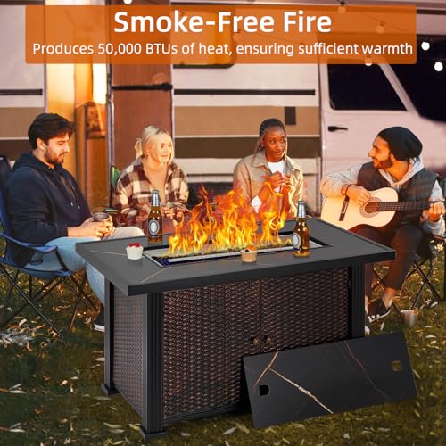 44 Inch Propane Fire Pit, CSA-Listed Outdoor Gas Fire Pit Rectangular Tabletop with Lid, 50,000 BTU Steel FireTable with Rain Cover Glass Wind for Outside Patio Yard Balcony, Brown