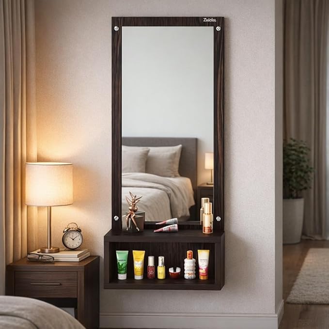Image of Wall Mounted Dressing Table with Mirror Finish Storage Shelf Compact Wall Vanity Makeup Organizer for Bedroom Bathroom Entryway Space Saving Home Furniture Decor (Dark Brown)