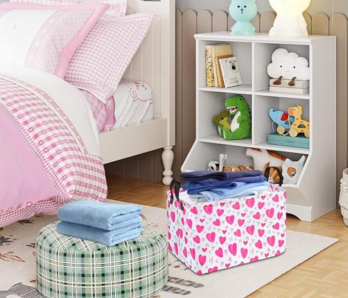 Image of Rectangle Gift Storage Basket Home Shelf Storage Basket Organizer Box Clothes Laundry Hamper Nursery Basket Laundry Basket with Handles (Heart)