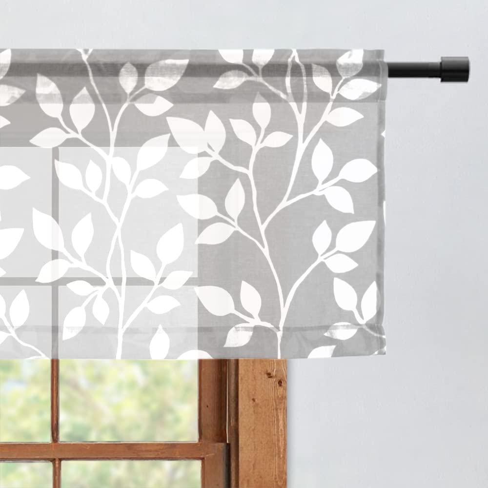 Photo 1 of XTMYI Sheer Kitchen Curtains Valances Set 18 Inch Length Rod Pocket Tropical Leaf Small Window Curtain Toppers for Living Room Bedroom Bathroom,Valance Only,1 Pack,Light Gray/Grey and White 52x18 Grey