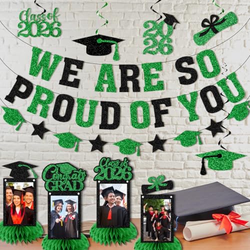 Image of Graduation Decorations 2026 - Green Congrats Grad Party Supplies Include Glitter We are So Proud of You Banner, Hanging Swirls and Honeycomb Centerpieces for Photo Toppers