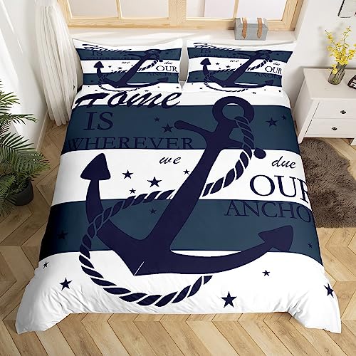 Erosebridal Bettwäsche-Set Mit Nautischem Anker- Und Kompass-Muster – Queen Size, Gesteppte Bettdecke Mit 2 Kissenbezügen