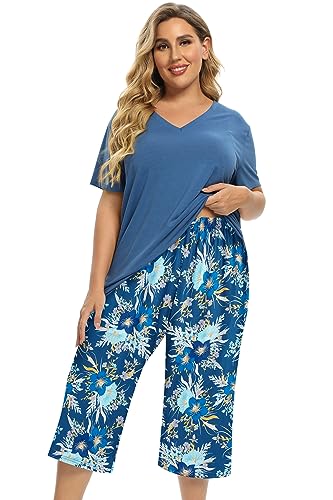 Image of Vozanet Women's V Neck Sexy Pajamas Capri Sets Mexican Style Floral Sleepwear 2PCS Totem Casual Nighty Plus Size M to 5XL