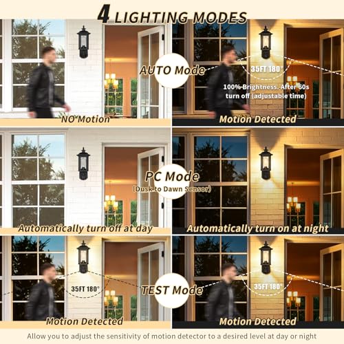 Image of JYO 16 inch Motion Sensor Outdoor Wall Light Fixtures, Outdoor Wall Sconce with Seeded Glass & E26 Socket Matte Black Wall Mount Exterior Waterproof Wall Lantern for House Front Door Garage (01-BK-MA)
