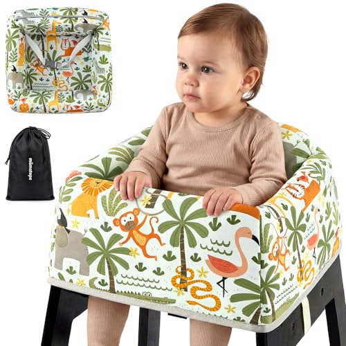 Mamatepe Reusable Baby High Chair Cover with Strap Pads & 2-Point Harness Waterproof Washable Portable Seat Liner for Wooden High Chairs Green Forest