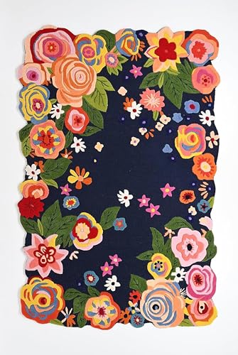 Image of Hand-Tufted Wool Large Carpet for Living Room 12x18 feet Blue Multicolor Floral Anti-Skid High Pile Thick Carpet & Rugs for Bedroom & Hall