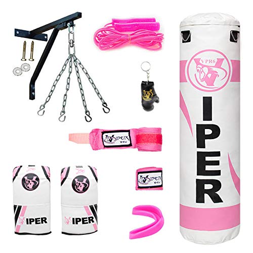 VIPER 4ft Heavy Filled Boxing Punch Bag Set, Bracket, Chain, Mitts, Gloves Girls Ladies Pink