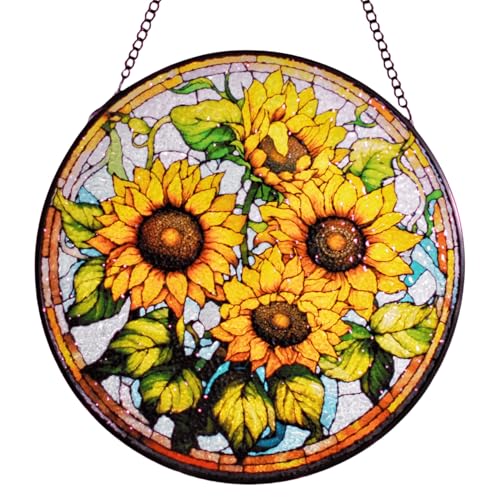 Sunflower Stained Glass Suncatcher Window Hangings, 8 Inch Hand-Painted Sun Catchers for Windows Garden Bedroom Living Room Decor Suncatchers Window Ornament Sunflower Gifts for Birthday Mothers Day