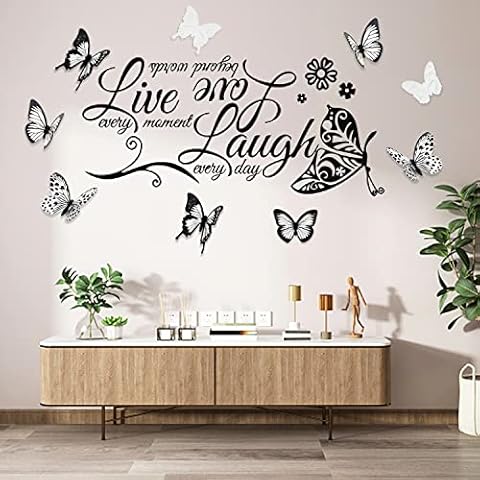 Inspirational Wall Stickers, 18 PCS 3D Butterfly DIY Decorations and 1 Piece Wall Art Decal Sticker, Love Laugh Live Family Wall Decal Sticker, Quotes Letter Wall Art Sticker Set for Home DIY, Office Cover