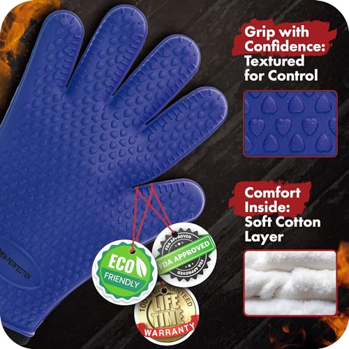 Image of KITCHEN PERFECTION Silicone Smoker Oven Gloves -Extreme Heat Resistant Bbq Gloves -Handle Hot Food Right on Your Smoker Grill Fryer Pit|Waterproof Oven Mitts Grill Gloves |Superior Value Set+3 Bonuses