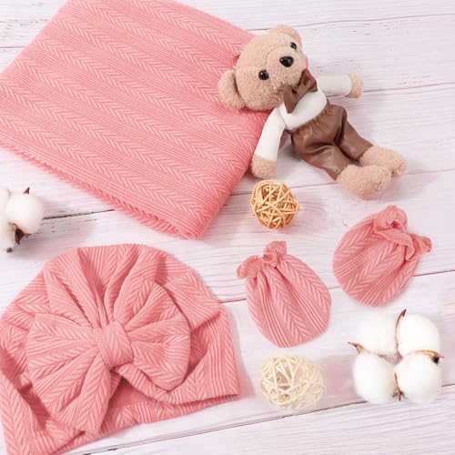 Image of AQOKKA Baby Swaddle Blankets with Bow Hat Mittens Set Wheat-Pattern Infant Receiving Blankets Swaddles for Newborns Unisex Toddler Swaddle Wrap Sets for Baby Girls Boys Nursery Warm Shower Gift