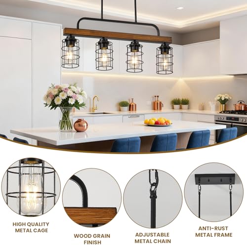 Tytphots 4-Light Farmhouse Walnut Chandelier for Dining Room, Black Kitchen Island Light with Rust-Proof Metal Frame & E26 Base, 49" Height Adjustable Pendant Light Fixture Over Table & Bar by Tytphots - Image 2