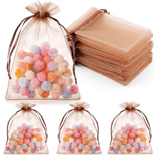 Image of Hopttreely 100pcs Organza Gift Bags, Light Brown 4 inchx6 inch(10x15cm) Mesh Bags Drawstring Gift Bags Jewelry Pouches for Candy Wedding Favors Christmas