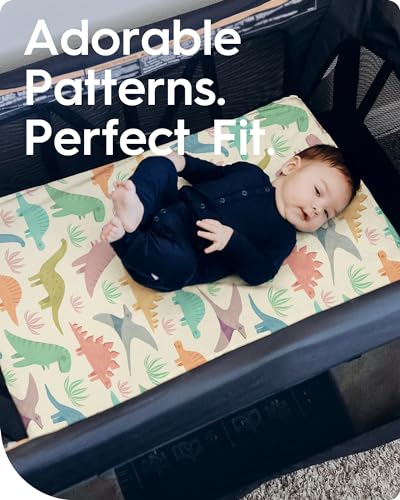 Image of Pack N Play Sheets Fitted, TotBasic Ultra Soft Dinosaur Mini Crib Sheets, Premium Jersey Knit Pack and Play Sheets, Stretchy Neutral Play Yard Sheets for Pack and Play Mattress, 2 Pack(Vintage Dino)